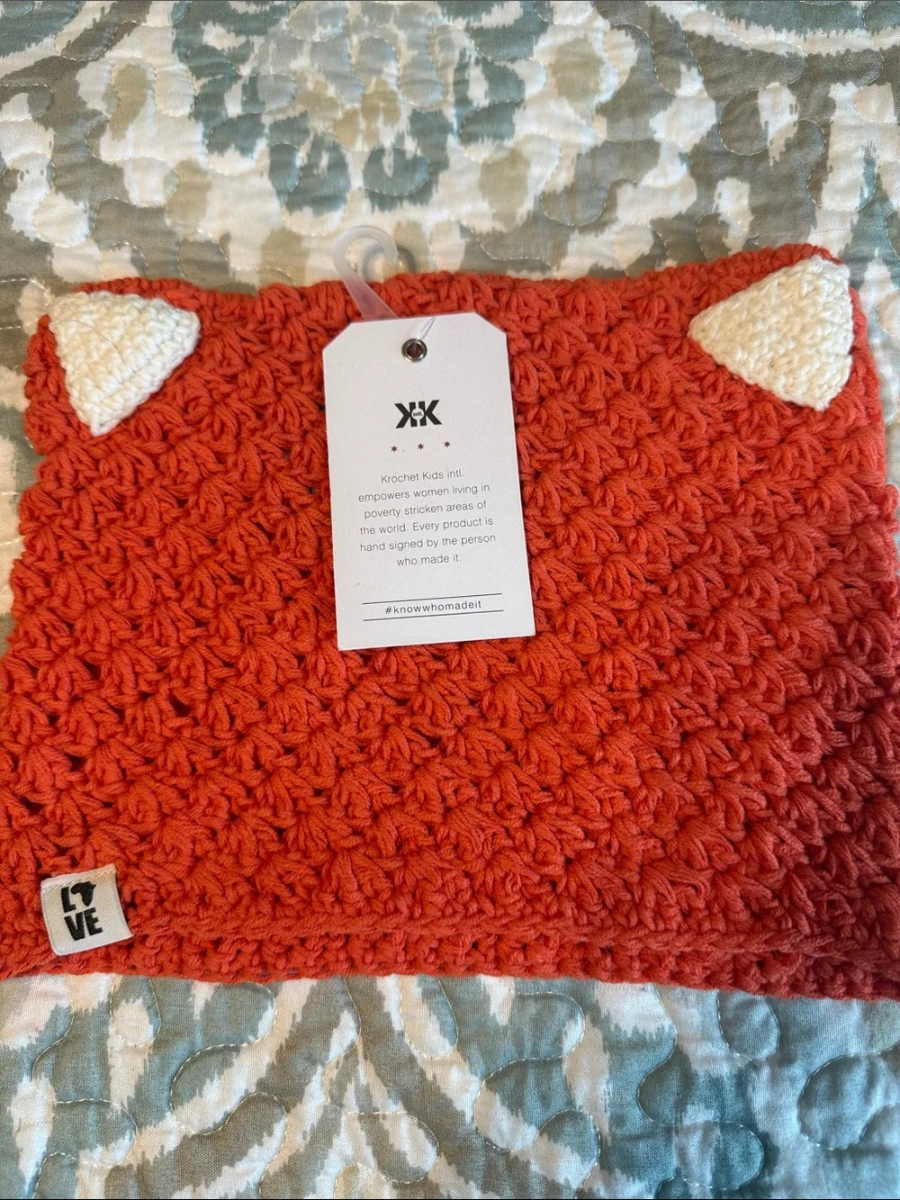 Kids Orange Crochet hat with Cream Ear Accents by Hand-Signed